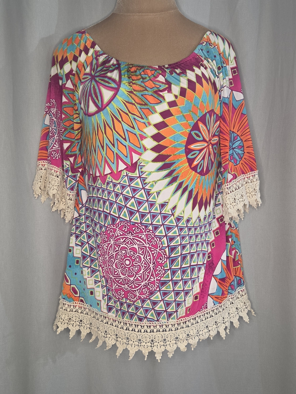 Lilypad Boho Crochet Trim Peasant Top in Vibrant Multi Color Print Size Small